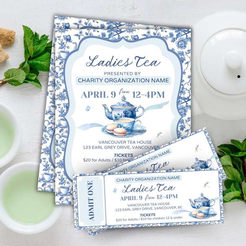 editable Tea Party Event Ticket, High Tea Party Template, Tea Party Sign Printable, Corporate Event, Brunch Flyer, Mothers Day, Boho Party,event sign printable, tea party ticket, blue chinoiserie high tea brunch, ladies tea, partea, Bridgerton party