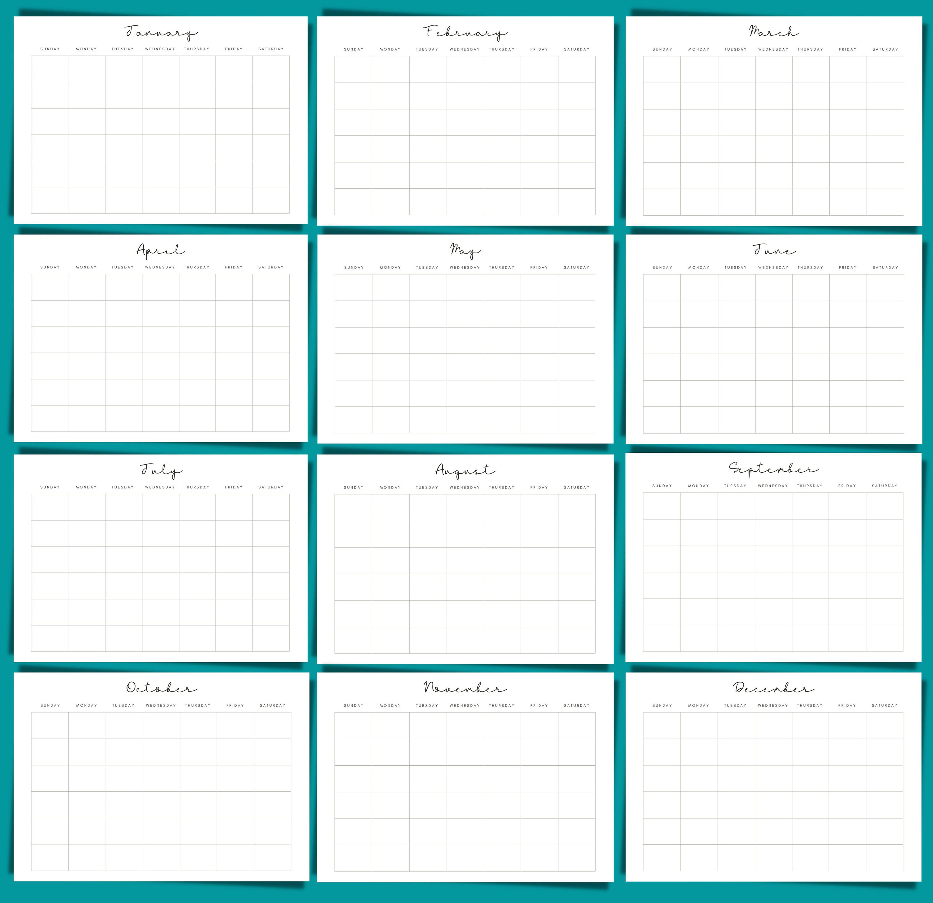 Monthly Blank Calendar sunday Start Simple Calendar US Etsy
