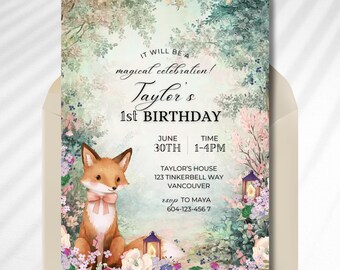 Woodland Fox First Birthday Invitation Template Canva, Enchanted Forest Birthday Party, Pastel Cute Fox Birthday Party Invite, Forest Animal