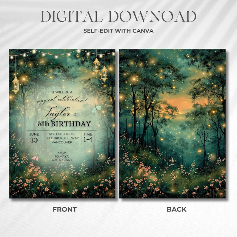 EDITABLE Woodland Birthday Invitation, Enchanted Forest Birthday Invite, magical Woodland Invite, Canva,Enchanted fairy invitation,fairy garden, fairy lights, fairy dust, girlie birthday party, woodland party theme,  fantasy theme party,  Enchanted Forest, Enchanted Forest Birthday Party, Enchanted Garden Invitation Forest Fairy Garden,Woodland Birthday Magic Garden Invite, Girls Magical Party, Emerald Green,Enchanted Evening, magical fairy dust Quince Invite, Sweet 16 Invitation, magical garden