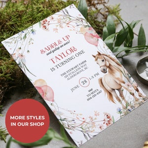 EDITABLE Floral Horse Birthday Invitation Template, Girl Saddle Up Invite, Cowgirl Party Horse Invite, Pink Floral Equestrian Birthday Party, Wildflower Horse Invite, editable canva invitation, canva template, pony party, girl birthday party invite