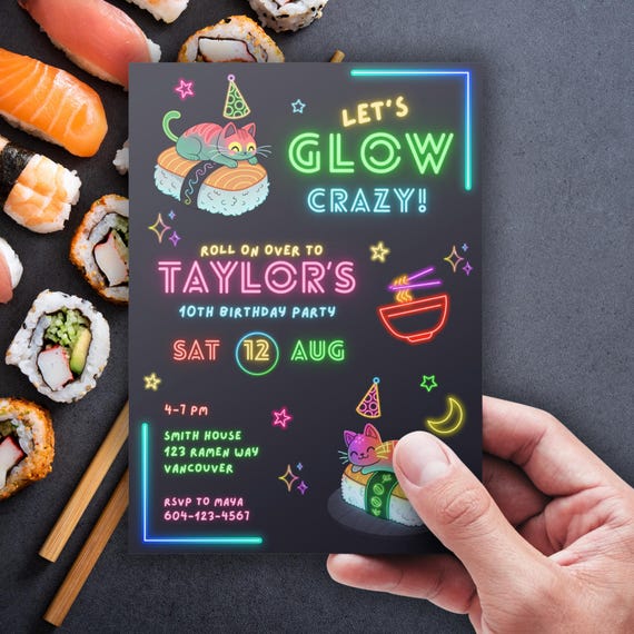 Glow Party Invite, Sushi Birthday Invite, Glow Invitation Sushi Cat Birthday, Neon Invitation, Sushi Party, Neon Birthday Party, Kawaii Cat