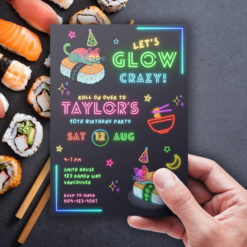 EDITABLE Sushi Birthday Invite, Japanese Party, Wasabi, Kawaii Sushi Invitation, cute sushi, printable invitation, DIY card, instant download invite, kawaii invitation, Canva template, Glow Party Invite, Sushi Birthday Invite, Glow Invitation Sushi Cat Birthday, Neon Invitation, Sushi Party, Neon Birthday Party, Kawaii Cat, Electronic Invite, color party invite, ramen, glow sticks, thank you tags, sushi favor tags, cat favor tags, neon cat, neon sushi, kawaii party