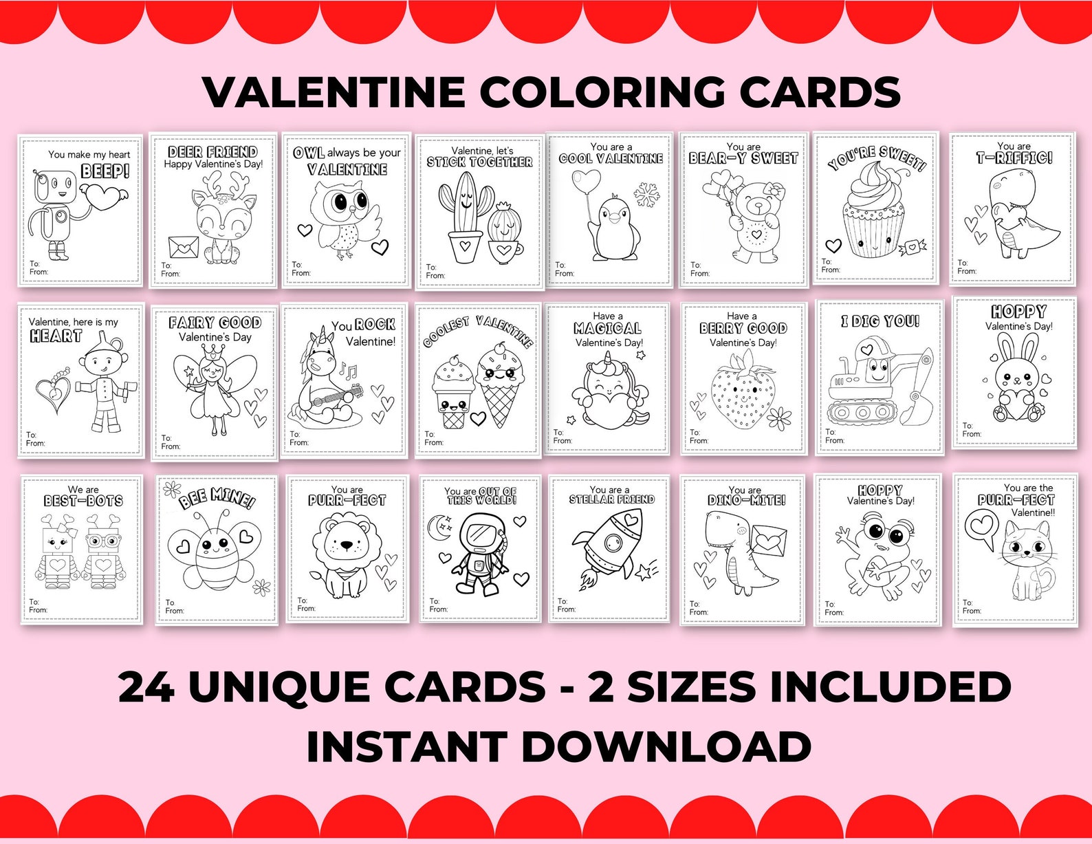 Valentine Coloring Cards / Classroom Valentine Cards / Kid Valentine ...