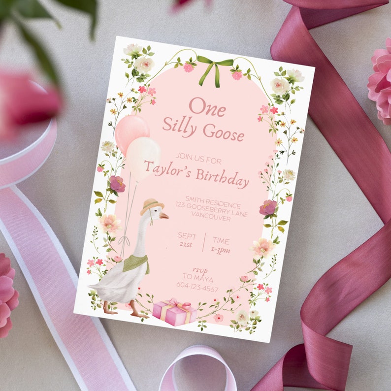 One Silly Goose Birthday Invitation, Goose Invitation, Little Goose, Silly Goose, First Birthday, One Lucky Duck Birthday Invite, Duck Party, duck first birthday, silly duck birthday, girl first birthday, goose birthday party, vintage goose invite