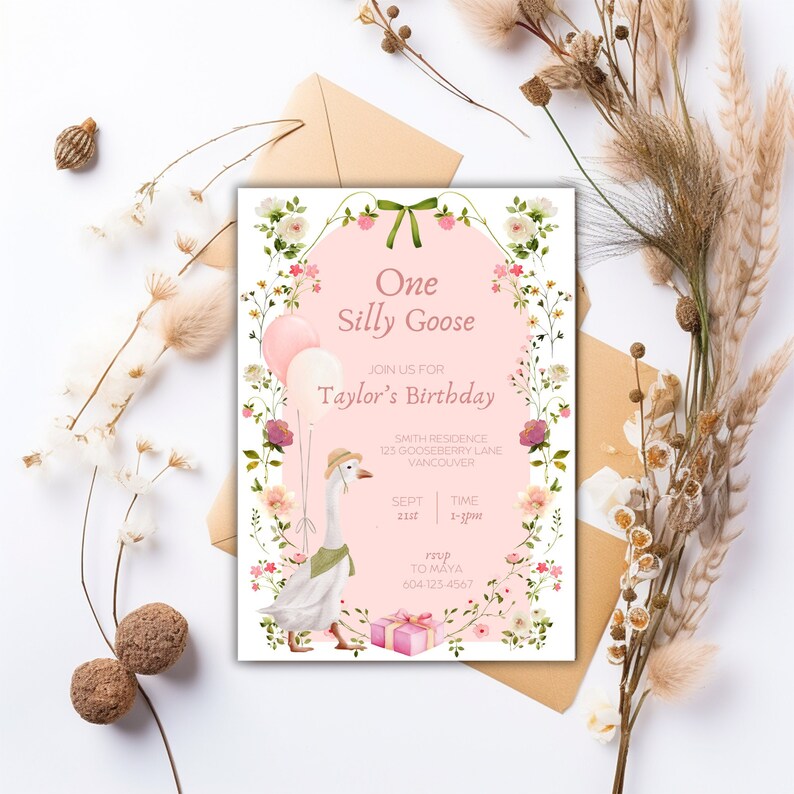 One Silly Goose Birthday Invitation, Goose Invitation, Little Goose, Silly Goose, First Birthday, One Lucky Duck Birthday Invite, Duck Party, duck first birthday, silly duck birthday, girl first birthday, goose birthday party, vintage goose invite