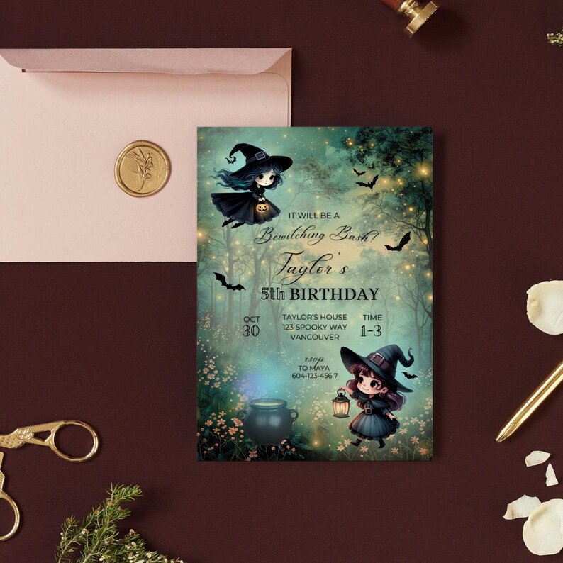 Cute Witch Invitation, Halloween Birthday Costume Party Invite, spooktacular Witch Birthday Invitation, Kids Halloween Witch Invite,Bewitching  hocuspocus,witch cauldron halloween party, witchy party,kids costume party, girls halloween birthday party