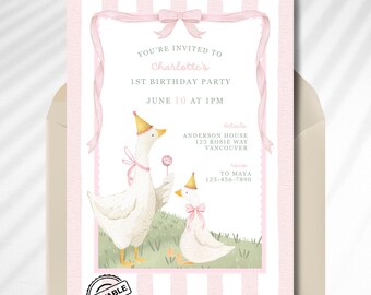 One Silly Goose 1st Birthday Invitation Template (Digital Download), Silly Goose Invitation For Girl Birthday,Duck Party Duck With Hat