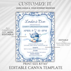 editable Tea Party Event Ticket, High Tea Party Template, Tea Party Sign Printable, Corporate Event, Brunch Flyer, Mothers Day, Boho Party,event sign printable, tea party ticket, blue chinoiserie high tea brunch, ladies tea, partea, Bridgerton party