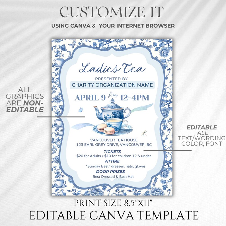 editable Tea Party Event Ticket, High Tea Party Template, Tea Party Sign Printable, Corporate Event, Brunch Flyer, Mothers Day, Boho Party,event sign printable, tea party ticket, blue chinoiserie high tea brunch, ladies tea, partea, Bridgerton party