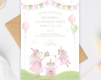 Pink Fairy First Birthday Invitation Template Canva,  1st Birthday Girl Invite, Spring Wildflower Whimsical Fairy Garden Party, Floral Mouse