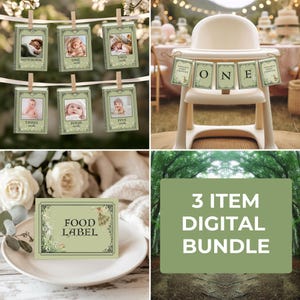 May include: A digital printable bundle for a first birthday party with a woodland theme. The bundle includes a food label, a banner with the word "ONE" and a set of cards with pictures of babies and the words "newborn", "one", "two", "three", "four", and "five".
