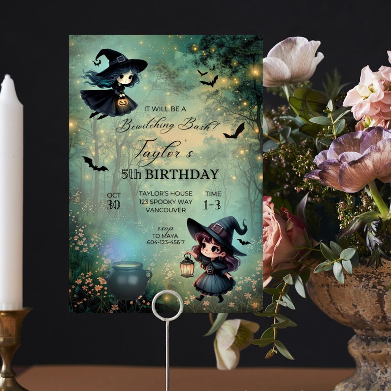 Cute Witch Invitation, Halloween Birthday Costume Party Invite, spooktacular Witch Birthday Invitation, Kids Halloween Witch Invite,Bewitching  hocuspocus,witch cauldron halloween party, witchy party,kids costume party, girls halloween birthday party
