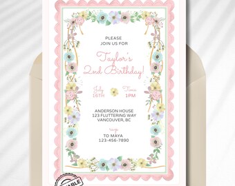 Colorful Floral Pink Scalloped Birthday Invitation, Coquette Watercolor Garden Party Invite, Toddler Girl 2nd Birthday Canva Template