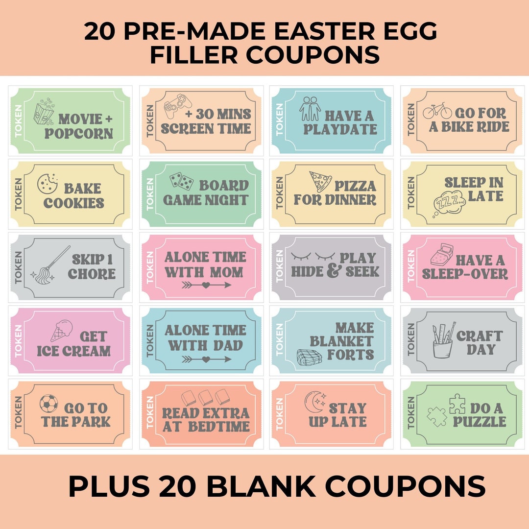 Printable Easter Egg Tokens Easter Egg Filler Coupons Easter Coupons for Kids Easter Basket Printable Easter Egg Tokens Easter Egg Filler Coupons Easter Coupons for Kids Easter Basket