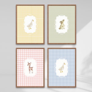 Bunny Nursery Print Set, Duck Nursery Print, Rabbit Deer Woodland Nursery, Girls Nursery Decor, Vintage Nursery Decor, Gingham Nursery Decor