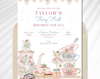 Fairy First Birthday Invitation Template Editable in Canva, Fairy Par-Tea Invitation, Tea Party Birthday Invite, Pastel Floral Fairy Invite