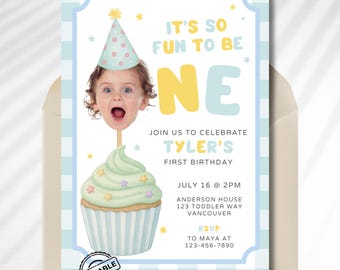 Fun To Be One Photo Boy 1st Birthday Invitation, Colorful First Birthday Invite Boy, Custom Photo Invitation Template, One is Fun Party Hat
