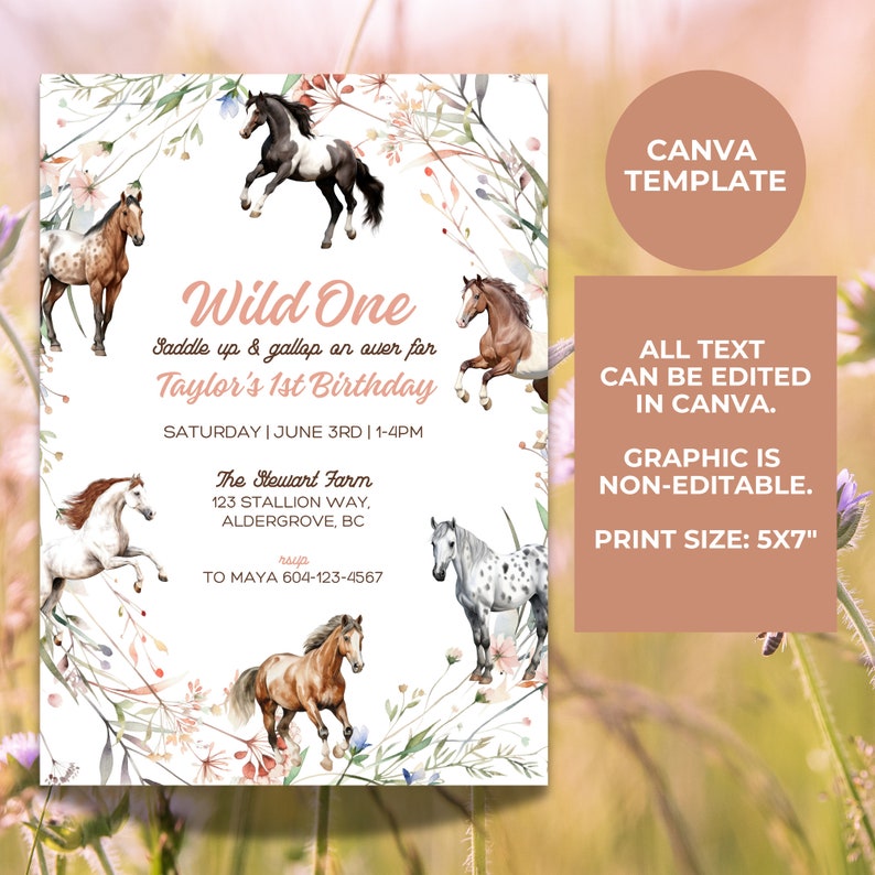EDITABLE Floral Horse Birthday Invitation Template, Girl Saddle Up Invite, Cowgirl Party Horse Invite, Pink Floral Equestrian Birthday Party, Wildflower Horse Invite, editable canva invitation, canva template, pony party, girl birthday party invite