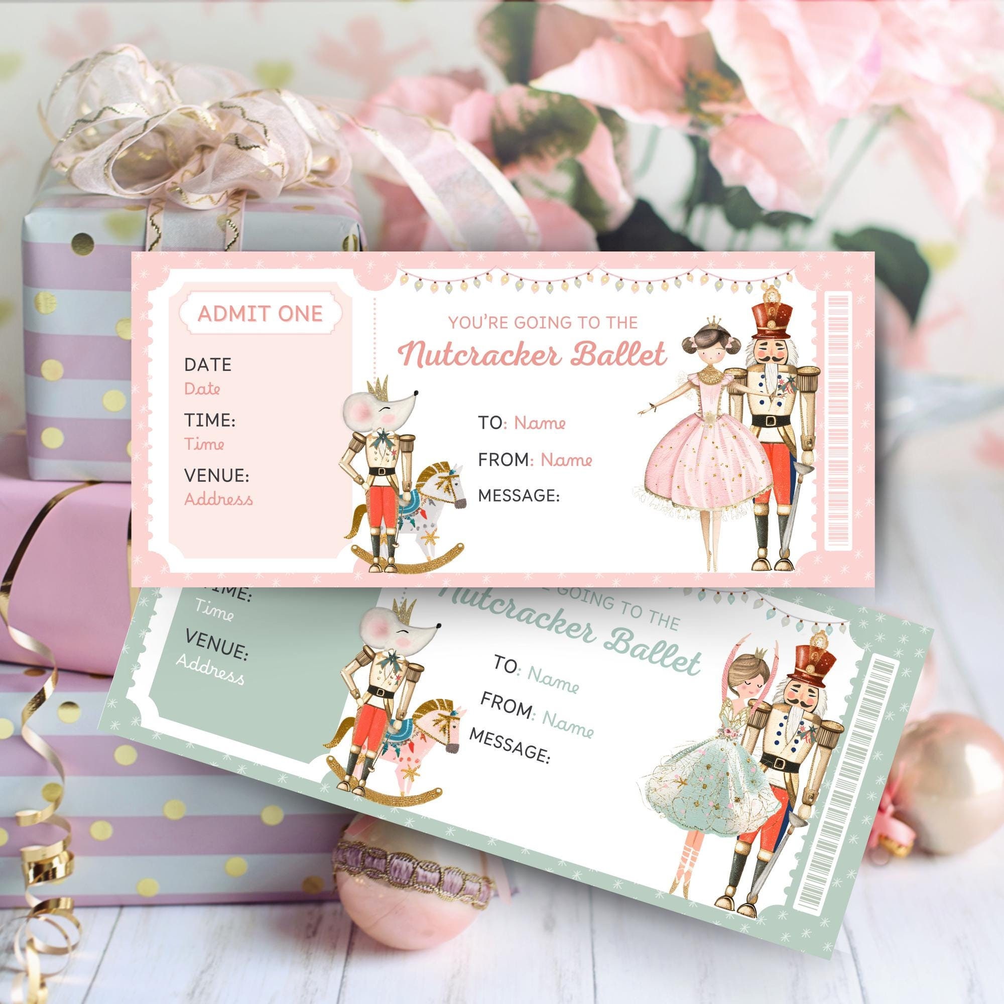 Editable Nutcracker Ticket , Personalized Nutcracker Ballet Surprise Gift Ticket Template, The Nutcracker Ballet Voucher Pink Christmas Gift