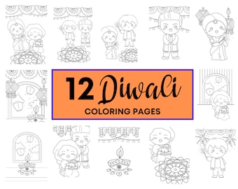 May include: Twelve black and white coloring pages featuring illustrations of Diwali celebrations. The illustrations include people, diyas, fireworks, and decorations.