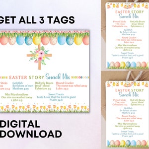 The Easter Story Snack Mix druckbare Anhänger und Taschendeckel, Osterkorb-Stuffer-Leckerli-Karten, Oster-Partygeschenk, Handout für Schule und Kirche