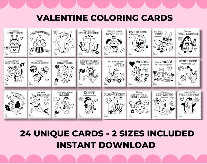 Valentine Coloring Cards, Classroom Valentine Cards, Kid Valentine Card ...
