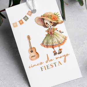 BEWERKBARE Cinco de Mayo Fiesta-feest bedankt tagsjabloon, aquarel suikerschedels, DIY cadeaukaartjes, Papel Picado Cinco De Mayo Tags, sombrero