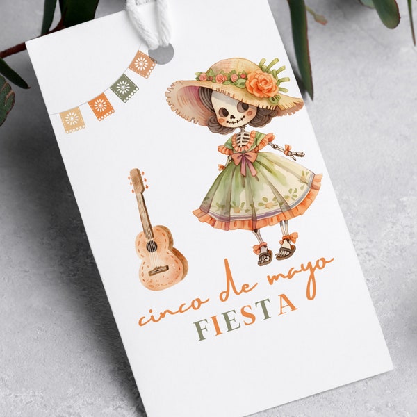 EDITABLE Cinco de Mayo Fiesta Party Thank You Tag Template, Watercolor Sugar Skulls, DIY Gift Tags, Papel Picado Cinco De Mayo Tags,Sombrero