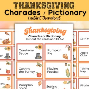 Thanksgiving Charades Pictionary, Thanksgiving Game Kids & Adults,  Printable Thanksgiving Game, INSTANT Digital Download