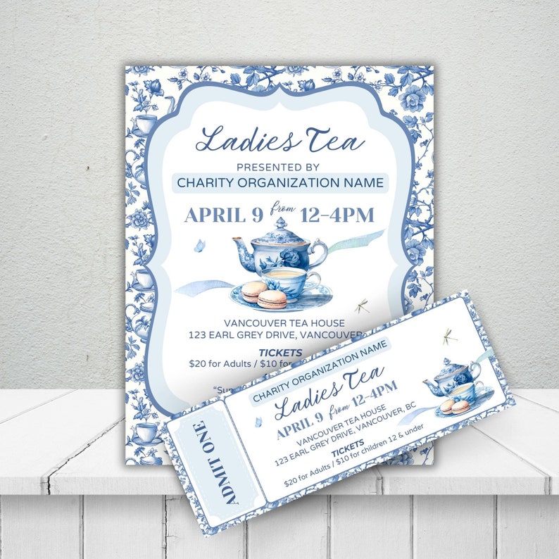 editable Tea Party Event Ticket, High Tea Party Template, Tea Party Sign Printable, Corporate Event, Brunch Flyer, Mothers Day, Boho Party,event sign printable, tea party ticket, blue chinoiserie high tea brunch, ladies tea, partea, Bridgerton party