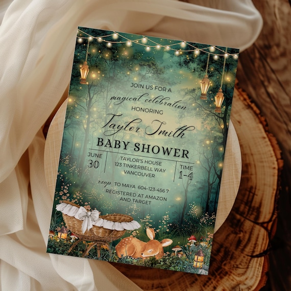 Enchanted Forest Baby Shower Invite Template Canva, Woodland Baby Shower, Oh Deer Woodland Deer Magical Baby Shower Fairy Garden