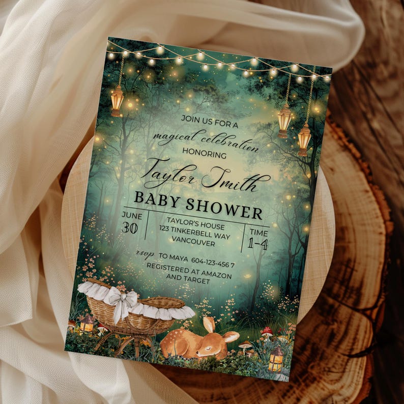 EDITABLE Woodland baby shower Invitation, Enchanted Forest Invite, magical Woodland Invite Canva, Enchanted baby shower, fairy garden, fairy lights, woodland deer party theme, magical baby shower, Enchanted Forest, Enchanted Garden Invitation Forest Fairy Garden, Woodland Garden Invite, magical Party, Emerald Green baby shower invite, oh deer baby shower, cradle, Enchanted Forest Baby Shower Invite Template Canva, Woodland Baby Shower, Oh Deer Woodland Deer Magical Baby Shower Fairy Garden