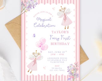 Pink Fairy First Birthday Invitation Template Canva,  1st Birthday Girl Invite, Spring Wildflower Whimsical Fairy Garden Party, Floral Mouse