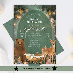 May include: A rectangular baby shower invitation card featuring a forest scene with a brown bear, a deer, a rabbit, and an owl. The text reads: It's an enchanted baby shower honoring Taylor Smith, Sept 30, Taylor's House, 123 Tinkerbell Way, Vancouver, BC, Time 1-4, RSVP to Maya 604-123-4567, Registered at Amazon & Target.