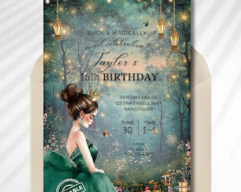 Enchanted Sweet 16 Invitation Template Canva, Green Quinceanera Fairy Garden Birthday, Editable Teen Birthday Invite, Magical Forest Party