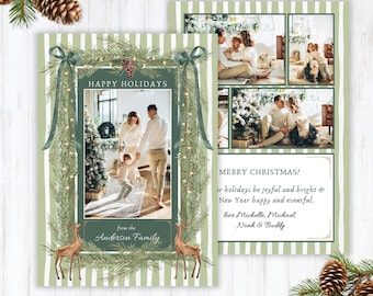 Sage Green Botanical Christmas Photo Card Template, Year Review Collage, Holiday Newsletter, Printable (Canva)