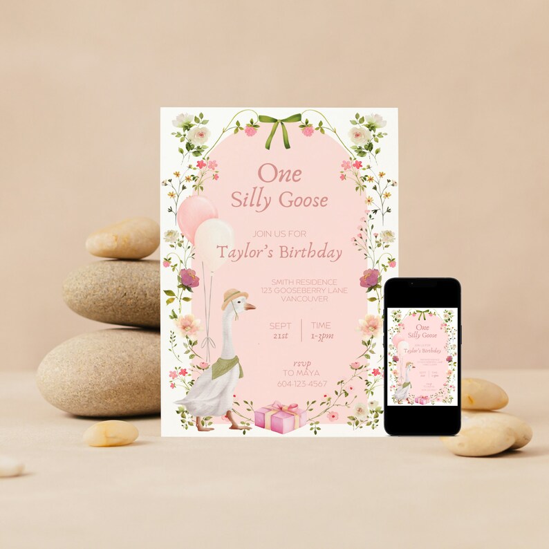 One Silly Goose Birthday Invitation, Goose Invitation, Little Goose, Silly Goose, First Birthday, One Lucky Duck Birthday Invite, Duck Party, duck first birthday, silly duck birthday, girl first birthday, goose birthday party, vintage goose invite