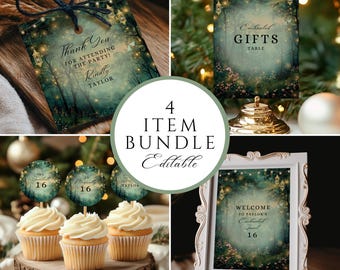 May include: A bundle of four editable party items with a forest theme. Includes a tag, a gifts table sign, cupcake toppers, and a welcome sign. The items feature a dark green and gold color scheme with text that reads "Thank You", "Gifts Table", and "Welcome".