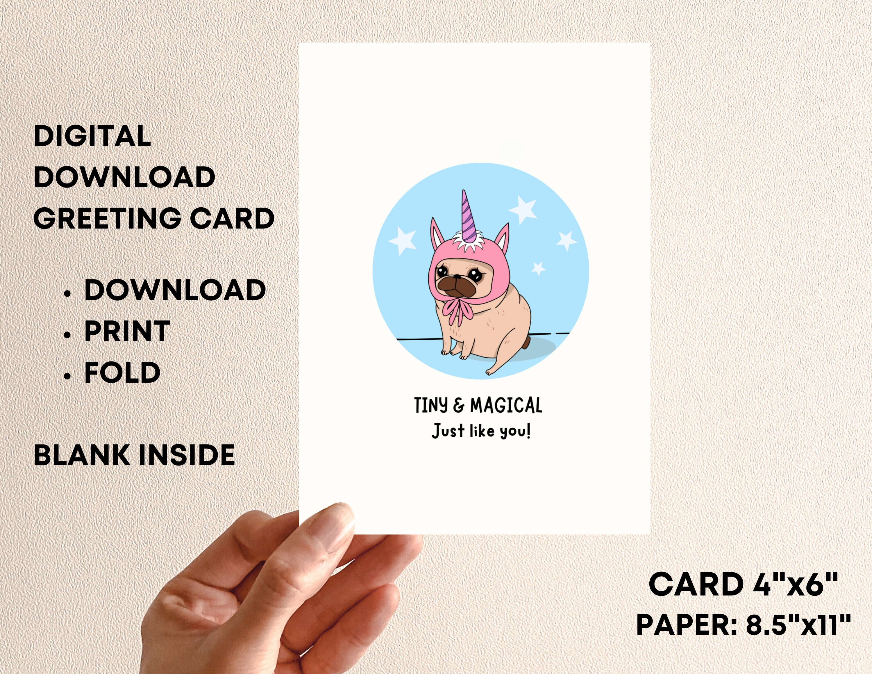Printable Pug Birthday Card, Pug Printable, Pug Unicorn Greeting Card ...