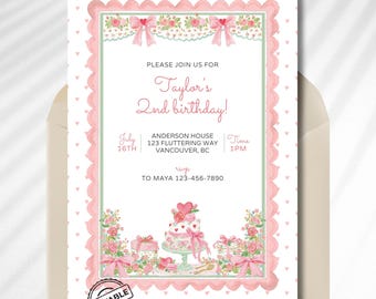 Colorful Floral Pink Scalloped Birthday Invitation, Coquette Watercolor Garden Party Invite, Bow Girl 2nd Birthday Editable Canva Template