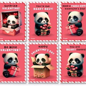 Panda Valentine Printable / Set of Valentine Cards / Printable Valentine Cards for Classmates / Instant Download / Preschool Valentines