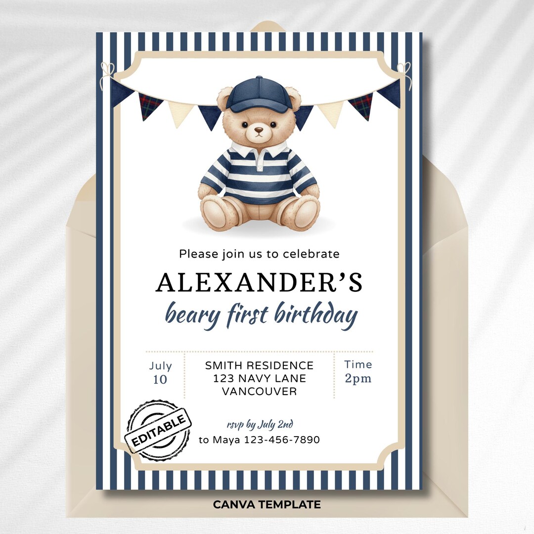 Beary First Birthday Invitation Template, Preppy Teddy Bear Party ...