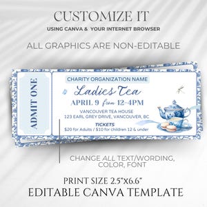 editable Tea Party Event Ticket, High Tea Party Template, Tea Party Sign Printable, Corporate Event, Brunch Flyer, Mothers Day, Boho Party,event sign printable, tea party ticket, blue chinoiserie high tea brunch, ladies tea, partea, Bridgerton party
