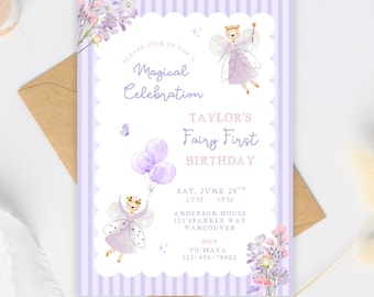 Lavender Fairy First Birthday Invitation, Canva Purple 1st Birthday Girl Invite, Spring Wildflower Whimsical Fairy Garden Party, Floral Bear
