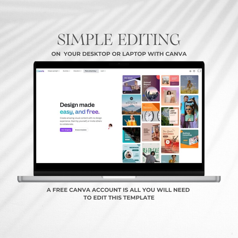 Pode incluir: Um laptop prateado exibindo a interface do site Canva. A tela mostra o texto "Design made easy, and free." e uma grade de modelos de design. A parte superior da imagem diz "SIMPLE EDITING ON YOUR DESKTOP OR LAPTOP WITH CANVA."
