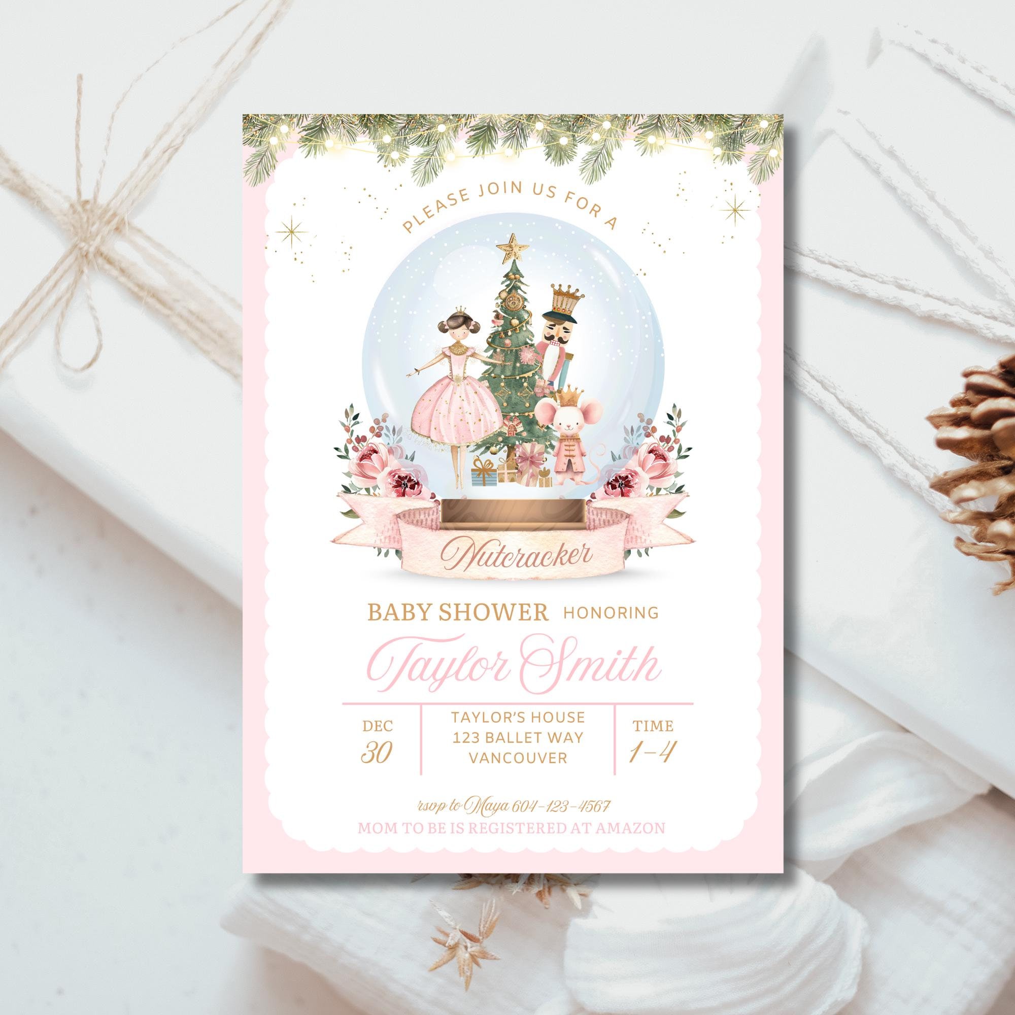 Nutcracker Baby Shower Invitation, Nutcracker Invitation, Winter Baby Shower, Pink Nutcracker Invite, Winter Wonderland, Girl Baby Shower