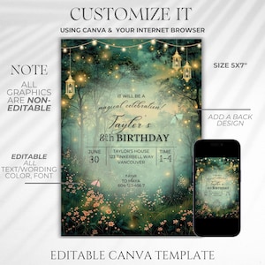 EDITABLE Woodland Birthday Invitation, Enchanted Forest Birthday Invite, magical Woodland Invite, Canva,Enchanted fairy invitation,fairy garden, fairy lights, fairy dust, girlie birthday party, woodland party theme,  fantasy theme party,  Enchanted Forest, Enchanted Forest Birthday Party, Enchanted Garden Invitation Forest Fairy Garden,Woodland Birthday Magic Garden Invite, Girls Magical Party, Emerald Green,Enchanted Evening, magical fairy dust Quince Invite, Sweet 16 Invitation, magical garden