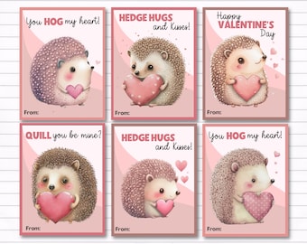 May include: Six printable Valentine's Day cards featuring cute cartoon hedgehogs holding hearts. The cards have different messages, including "You HOG my heart!" and "QUILL you be mine?"