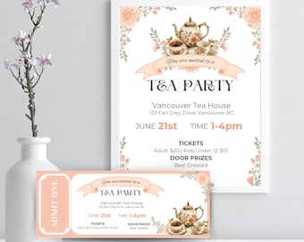 EDITABLE Tea Party Event Ticket, High Tea Party Template, Tea Party Sign Printable, Corporate Event, Brunch Flyer, Mother's Day, Boho Party